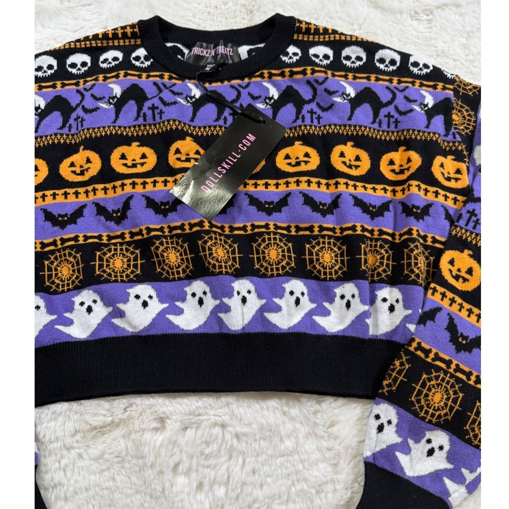 Dollskill Trickz N' Treatz Halloween Cropped Sweater Spooky Fair Isle Ghost M - Picture 2 of 7